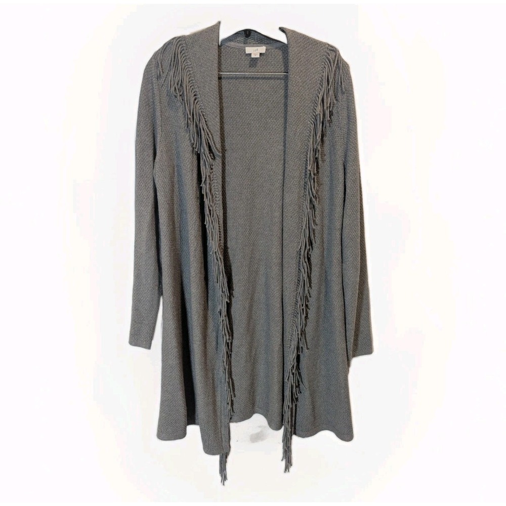 Boho Fringe Long Cardigan Gray Open Front J Jill Knit‎ Duster Sweater XS